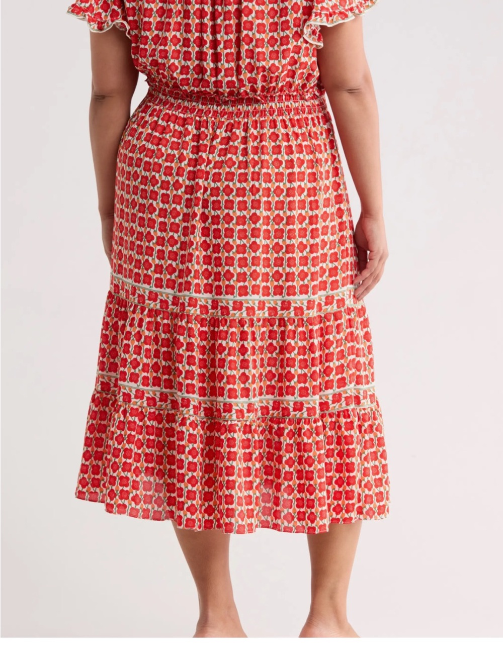 Max Studio Red Printed Tiered Midi Skirt with Cream Accents - Picture 4 of 9